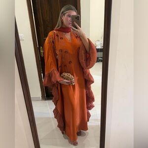 Elegant Orange Long Sleeve Maxi Dress with Ruffle Details